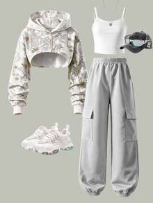 Setelan Musim Gugur 3 Potong untuk Anak Perempuan Remaja: Hoodie Kamuflase, Tank Top Putih & Celana Kargo Abu-abu. Pakaian Musim Gugur/Musim Dingin. - Light Grey - View 3