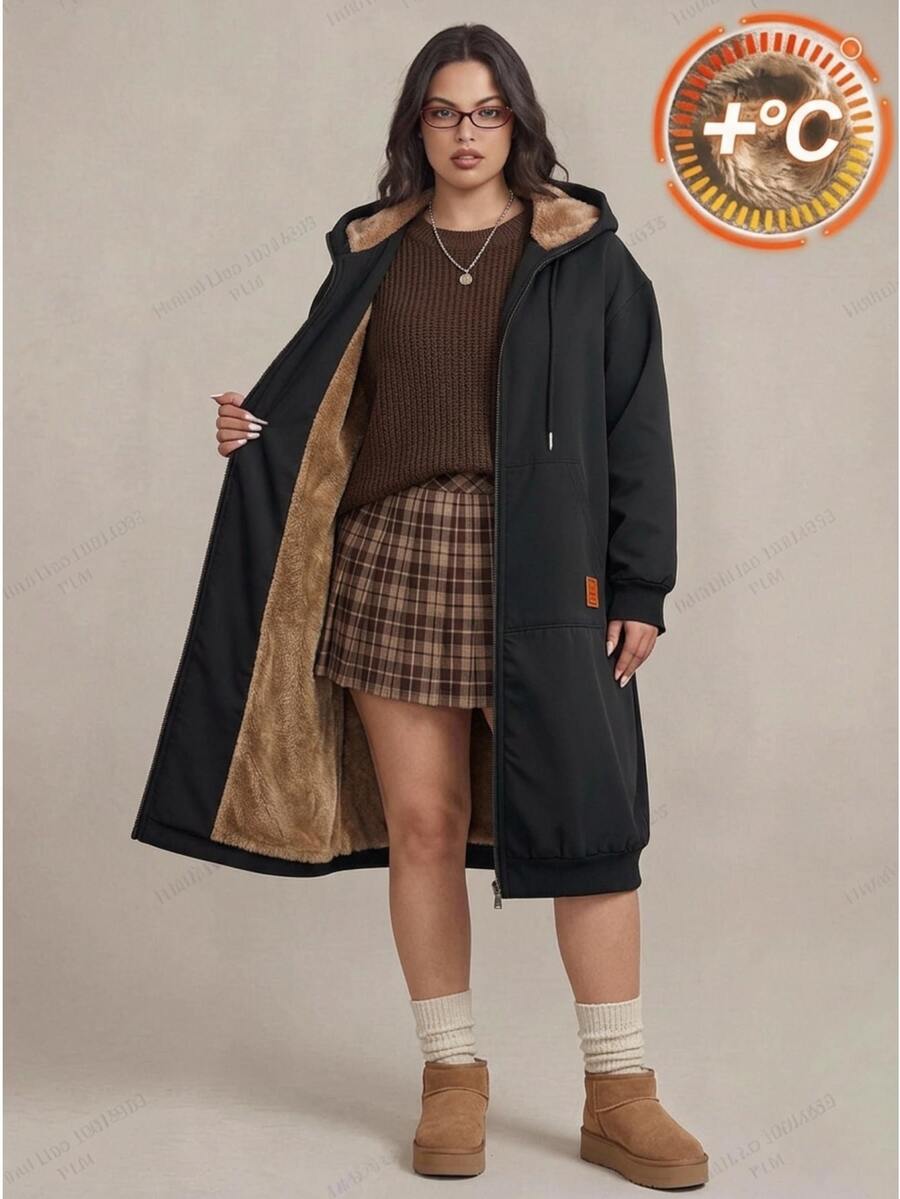 Comfortcana Plus Size Hooded Long Sleeve Drawstring Tie Solid Color Autumn/Winter Sweatshirt - Black - View 1