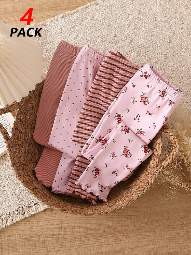 SHEIN Young Girls Leggings,Pack Of Four Floral Polka Dot Striped Solid Pastel Pink Mauve Ruffle Hem Elastic Waist Summer Fairy Essentials Everyday Cozy - Pink - View 6