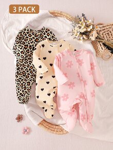 SHEIN Newborn Baby Single-Breasted Round Neck Long Sleeve Romper Nursery Beige Black Pink Autumn Cute Babygirl Family Matching Going - Multicolor - View 4