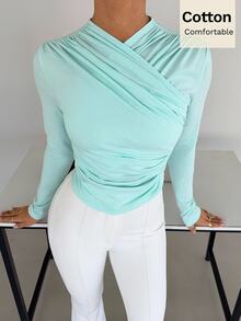 Siren Gaze Women's Ruched Korean Style Fitted T-Shirt For Autumn/Winter Vacation - Blue - View 6