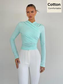 Siren Gaze Women's Ruched Korean Style Fitted T-Shirt For Autumn/Winter Vacation - Blue - View 4