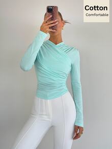 Siren Gaze Women's Ruched Korean Style Fitted T-Shirt For Autumn/Winter Vacation - Blue - View 3