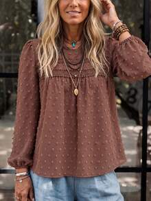 LanaWest Blus Wanita Vintage Jacquard Lace Patchwork Leher Bulat Lengan Kelopak - Coffee Brown - View 5