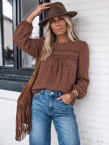 LanaWest Blus Wanita Vintage Jacquard Lace Patchwork Leher Bulat Lengan Kelopak - Coffee Brown - View 3