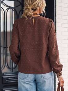 LanaWest Blus Wanita Vintage Jacquard Lace Patchwork Leher Bulat Lengan Kelopak - Coffee Brown - View 2