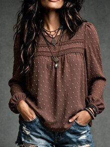 LanaWest Blus Wanita Vintage Jacquard Lace Patchwork Leher Bulat Lengan Kelopak - Coffee Brown - View 1