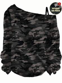 SHEIN Essnce Kaos Lengan Panjang Wanita Kasual Motif Kamuflase dengan Tali Bahu Tunggal, Cocok untuk Musim Semi dan Musim Gugur - Hijau - View 1