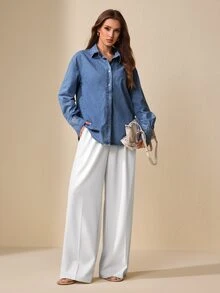 Selenza Women's Elegant Rhinestone Denim Shirt - Medium Wash - View 7