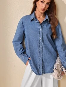 Selenza Women's Elegant Rhinestone Denim Shirt - Medium Wash - View 5