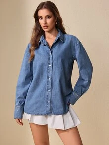 Selenza Women's Elegant Rhinestone Denim Shirt - Medium Wash - View 3