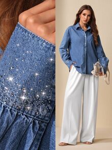 Selenza Women's Elegant Rhinestone Denim Shirt - Medium Wash - View 1
