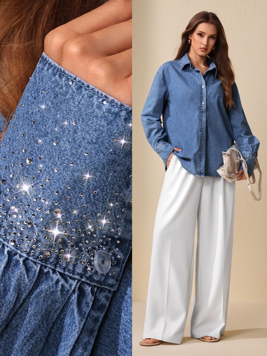 Selenza Women's Elegant Rhinestone Denim Shirt - Medium Wash - View 1