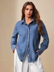 Selenza Women's Elegant Rhinestone Denim Shirt - Medium Wash - View 6