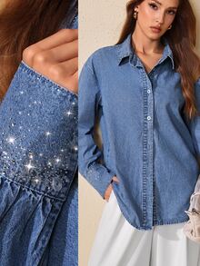 Selenza Women's Elegant Rhinestone Denim Shirt - Medium Wash - View 10