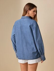 Selenza Women's Elegant Rhinestone Denim Shirt - Medium Wash - View 2