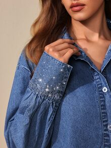 Selenza Women's Elegant Rhinestone Denim Shirt - Medium Wash - View 9