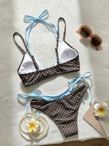 SHEIN Swim 女款兩件式泳衣套裝，波點印花，掛脖綁帶，露背，夏季度假海灘穿搭 - 彩色 - 查看 2