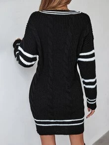 Roamenne Roamenne Striped Trim Cable Knit Drop Shoulder Sweater Dress Fall Winter Cloth For Women - Black and White - View 2