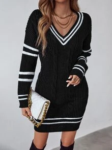 Roamenne Roamenne Striped Trim Cable Knit Drop Shoulder Sweater Dress Fall Winter Cloth For Women - Black and White - View 1