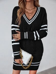 Roamenne Roamenne Striped Trim Cable Knit Drop Shoulder Sweater Dress Fall Winter Cloth For Women - Black and White - View 4