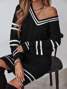 Roamenne Roamenne Striped Trim Cable Knit Drop Shoulder Sweater Dress Fall Winter Cloth For Women - Black and White - View 5