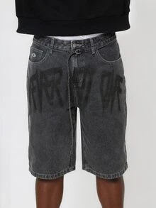 FORM&CHAOS Men's Loose Streetwear Printed Black Washed Denim Shorts - Dark Grey - View 7