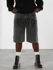 FORM&CHAOS Men's Loose Streetwear Printed Black Washed Denim Shorts - Dark Grey - View 5