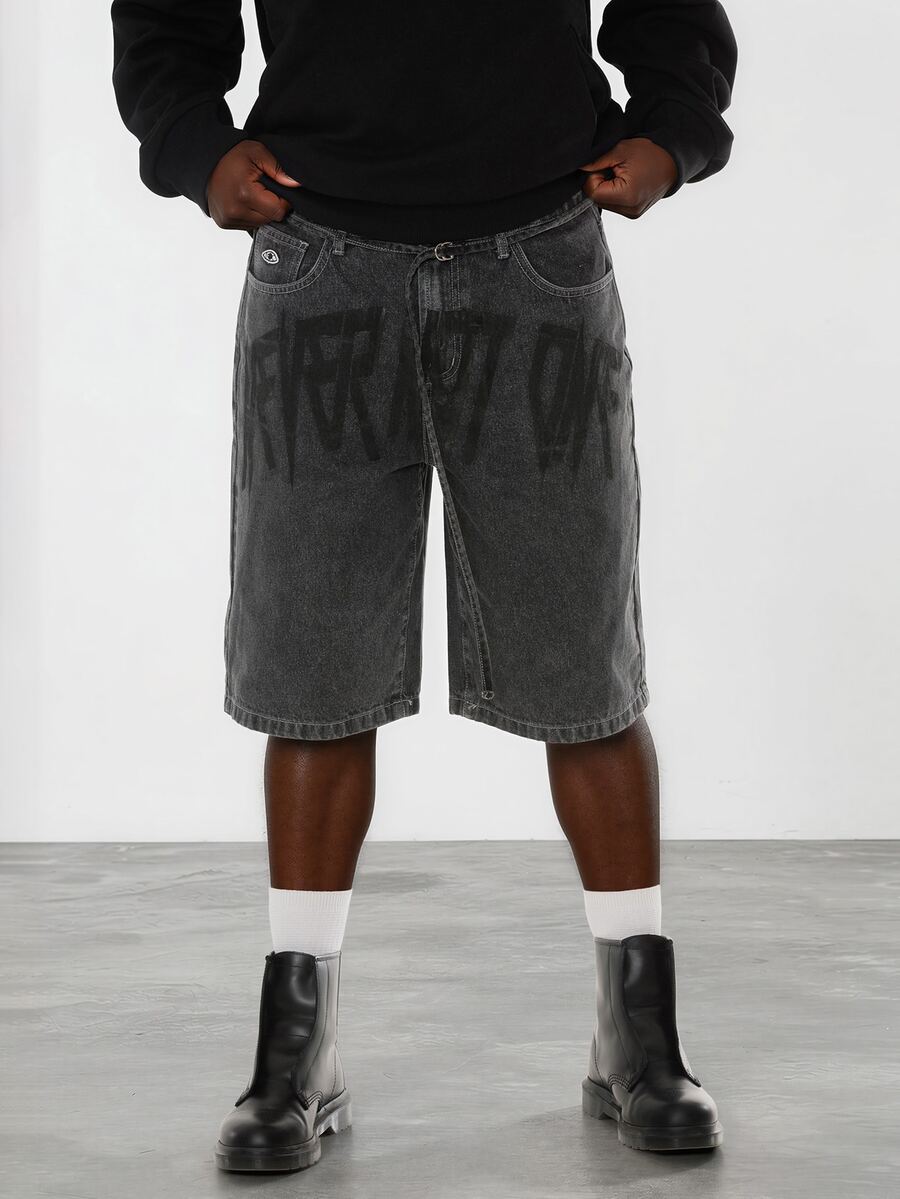 FORM&CHAOS Men's Loose Streetwear Printed Black Washed Denim Shorts - Dark Grey - View 1