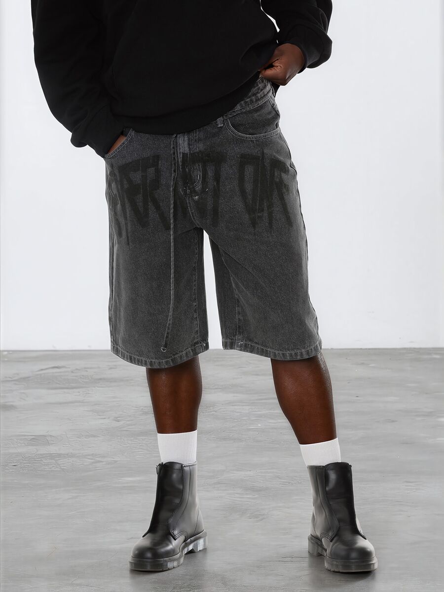 FORM&CHAOS Men's Loose Streetwear Printed Black Washed Denim Shorts - Dark Grey - View 1