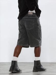 FORM&CHAOS Men's Loose Streetwear Printed Black Washed Denim Shorts - Dark Grey - View 4