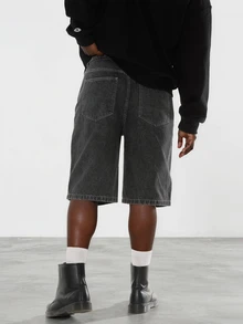 FORM&CHAOS Men's Loose Streetwear Printed Black Washed Denim Shorts - Dark Grey - View 2