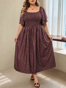 SHEIN CURVE+ Plus Size Women's Vacation Burgundy Print French Square Neck Dress Vacation Party Summer 1920 Vintage Elegant - Multicolor - View 8