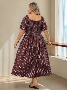 SHEIN CURVE+ Plus Size Women's Vacation Burgundy Print French Square Neck Dress Vacation Party Summer 1920 Vintage Elegant - Multicolor - View 2