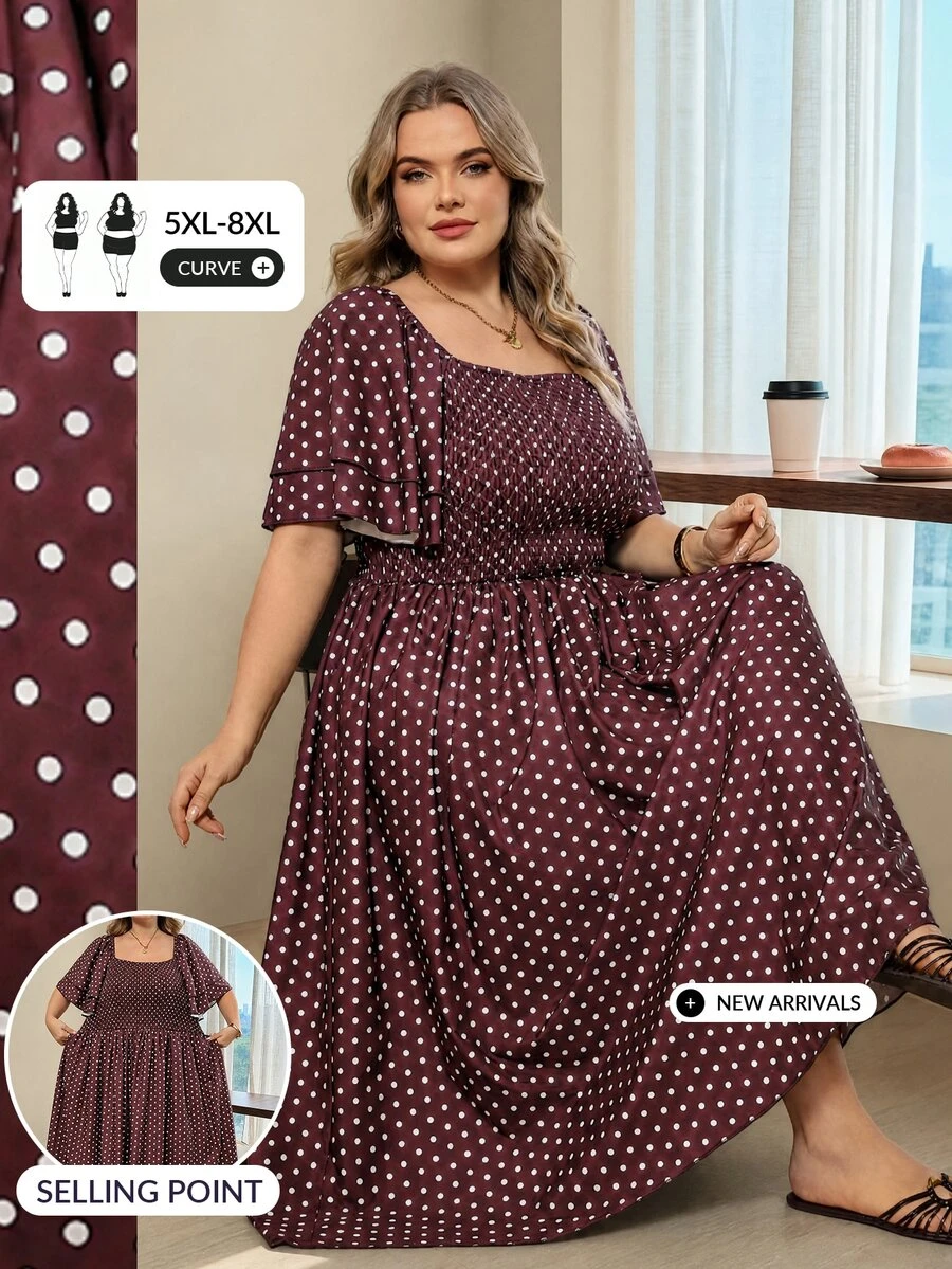 SHEIN CURVE+ Plus Size Women's Vacation Burgundy Print French Square Neck Dress Vacation Party Summer 1920 Vintage Elegant - Multicolor - View 1