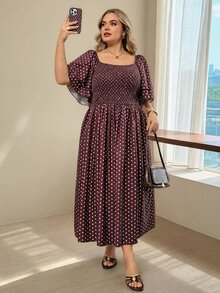 SHEIN CURVE+ Plus Size Women's Vacation Burgundy Print French Square Neck Dress Vacation Party Summer 1920 Vintage Elegant - Multicolor - View 7