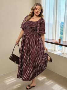 SHEIN CURVE+ Plus Size Women's Vacation Burgundy Print French Square Neck Dress Vacation Party Summer 1920 Vintage Elegant - Multicolor - View 5