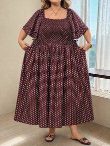 SHEIN CURVE+ Plus Size Women's Vacation Burgundy Print French Square Neck Dress Vacation Party Summer 1920 Vintage Elegant - Multicolor - View 6