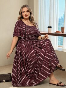 SHEIN CURVE+ Plus Size Women's Vacation Burgundy Print French Square Neck Dress Vacation Party Summer 1920 Vintage Elegant - Multicolor - View 9