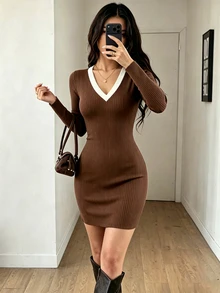 Elenzga Gaun Mini Bodycon Rajut Bergaris Lengan Panjang Leher V Warna Cokelat Elegan Lembut untuk Musim Gugur & Musim Dingin, Gaya Gadis Modis yang Sederhana dan Serbaguna untuk Beraktivitas di Luar Rumah - Coffee Brown - View 5