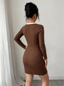 Elenzga Gaun Mini Bodycon Rajut Bergaris Lengan Panjang Leher V Warna Cokelat Elegan Lembut untuk Musim Gugur & Musim Dingin, Gaya Gadis Modis yang Sederhana dan Serbaguna untuk Beraktivitas di Luar Rumah - Coffee Brown - View 2