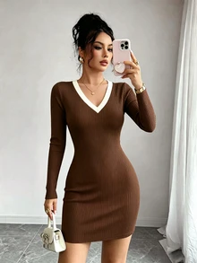 Elenzga Gaun Mini Bodycon Rajut Bergaris Lengan Panjang Leher V Warna Cokelat Elegan Lembut untuk Musim Gugur & Musim Dingin, Gaya Gadis Modis yang Sederhana dan Serbaguna untuk Beraktivitas di Luar Rumah - Coffee Brown - View 4