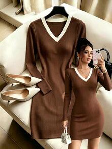 Elenzga Gaun Mini Bodycon Rajut Bergaris Lengan Panjang Leher V Warna Cokelat Elegan Lembut untuk Musim Gugur & Musim Dingin, Gaya Gadis Modis yang Sederhana dan Serbaguna untuk Beraktivitas di Luar Rumah - Coffee Brown - View 1