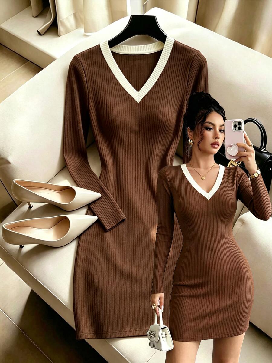 Elenzga Gaun Mini Bodycon Rajut Bergaris Lengan Panjang Leher V Warna Cokelat Elegan Lembut untuk Musim Gugur & Musim Dingin, Gaya Gadis Modis yang Sederhana dan Serbaguna untuk Beraktivitas di Luar Rumah - Coffee Brown - View 1
