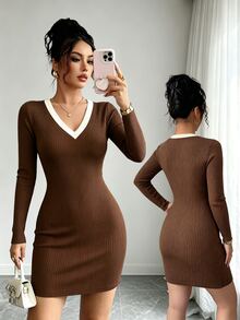 Elenzga Gaun Mini Bodycon Rajut Bergaris Lengan Panjang Leher V Warna Cokelat Elegan Lembut untuk Musim Gugur & Musim Dingin, Gaya Gadis Modis yang Sederhana dan Serbaguna untuk Beraktivitas di Luar Rumah - Coffee Brown - View 3