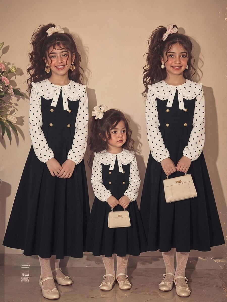 Tween Girls Contrast Collar Striped Flower Print Long Sleeve Mid-Length Dress - Black and White - View 1
