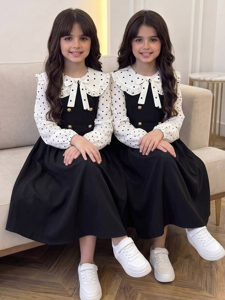 Tween Girls Contrast Collar Striped Flower Print Long Sleeve Mid-Length Dress - Black and White - View 2