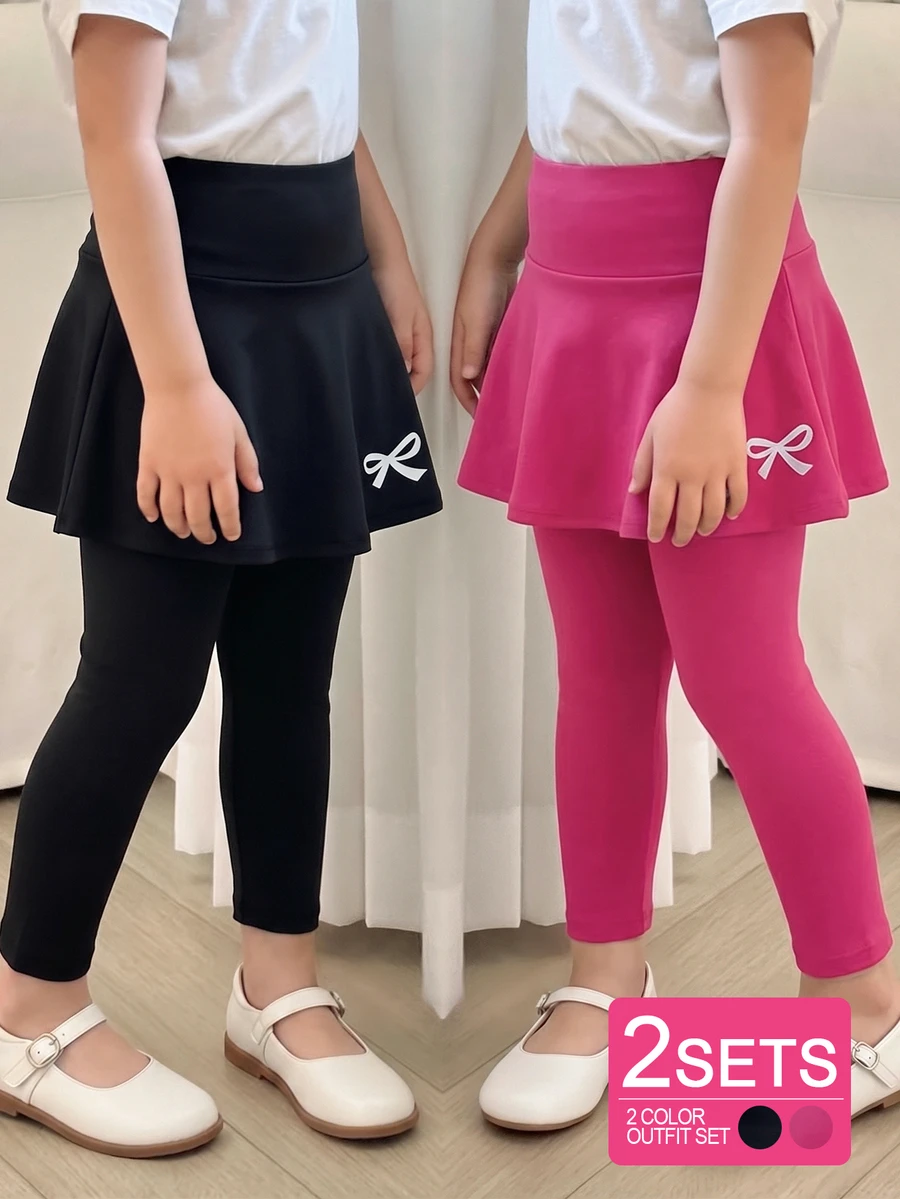 2件組青少年女孩粉色裙子配內搭褲，蝴蝶結印花，高腰彈性休閒裙，適合學校、芭蕾、舞蹈，秋冬穿著