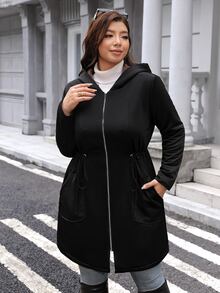 SHEIN LUNE 大尺碼女款保暖內裡休閒百搭冬季連帽外套 - 黑色 - 查看 7