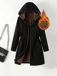 SHEIN LUNE 大尺碼女款保暖內裡休閒百搭冬季連帽外套 - 黑色 - 查看 9